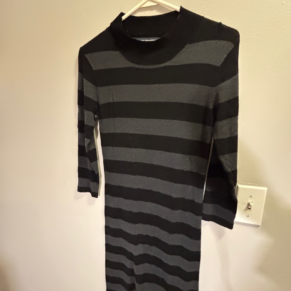 French Connection Black and Gray Striped Long Sleeve Dress
